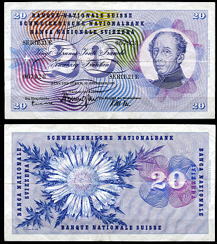 Швейцария 20 франков 1959 генерал Гийом-Анри Дюфур, 23 декабря 1959 Pick  46 g  бумага   6285-6-1-2