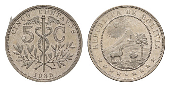 Боливия 5 сентаво 1935 KM 178 медно-никель PROOF 00-902-27