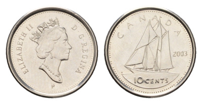 Канада 10 центов 2003 P, Елизавета II (1952-2022), парусник KM 183b сталь плакированная никелем UNC 4689-621