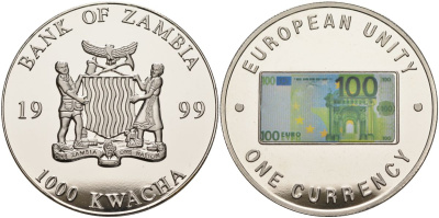 Замбия 1000 квача 1999 серия европейский союз - одна валюта, 100 евро аверс, серебрение KM 128 медь никель цинк 1098-3-51