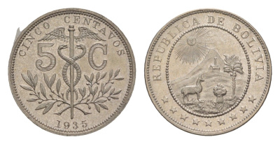 Боливия 5 сентаво 1935 KM 178 медно-никель PROOF 00-902-27