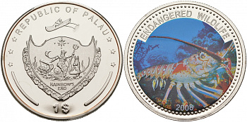 Палау 1 доллар 2008 серия вымирающие виды, лобстер, цветная эмаль KM 167 медно-никель PROOF M39-16