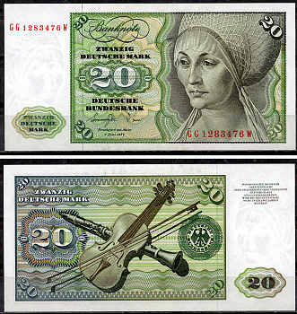 ФРГ 20 марок 1977 Эльсбет Тухер (Альбрехт Дюрер), скрипка, кларнет Pick 32 b  бумага  aUNC 451-918-2