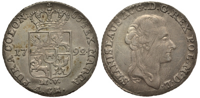 Польша 4 гроша (1 злотый) 1792 MV, Станислав Август Понятовский (1764-1795), вес 5,35 гр.KM 208.1 (С51) серебро 1516-1022