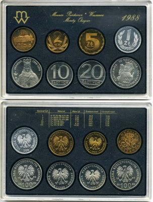 Польша набор из 7 монет+ жетон мондвора 1988 в пластике, тираж 5000 экз., редкий KM PS 7 PROOF 5-4-4-8