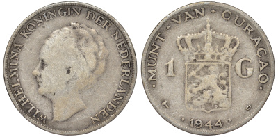 Нидерландское Кюрасао 1 гульден 1944 D, Вильгельмина (1890-1948) KM 45 серебро 36-741