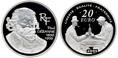 Франция 20 евро 2006 художник Поль Сезанн, картина Картежники, 155,5 грамм, тираж 500 экз., с сертификатом серебро PROOF 1-4-6-09