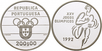 Португалия 200 эскудо 1992 XXV летние Олимпийские Игры, Барселона 1992 KM 662а серебро PROOF 04-302-15