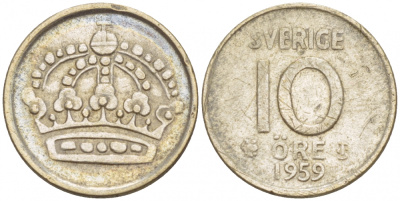 Швеция 10 эре 1959 TS, Густав VI Адольф (1950-1973) KM 823 серебро 4547-1057