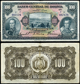 Боливия 100 боливиано 1928 серия J, Симон Боливар и Антонио Хосе Сукре Pick 125 a (6)  бумага   6285-46-1-1