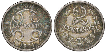 Колумбия 2 сентаво 1921 государственный лепрозорий KM L10 медно-никель 53-1026