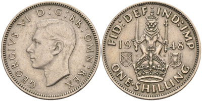 Великобритания 1 шиллинг 1948 Георг VI (1936-1952), Шотландский герб KM 864, Spink 4104 медно-никель 4126-352