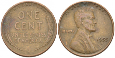 США 1 ЦЕНТ 1955 D, ЛИНКОЛЬН KM А132 медь цинк 218-259