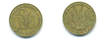 ЗАПАДНАЯ АФРИКА 10 ФРАНКОВ 1977 KM 1а алюминий никель бронза 86-1646