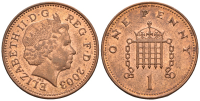 Великобритания 1 пенни 2003 Елизавета II (1952-2022) KM 986, Spink 4710 (B5) сталь плакированная медью 4609-565