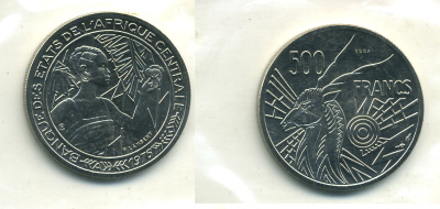 Центрально-Африканские штаты 500 франков 1976 пробник, ESSAI, Чад, в оригинальной упаковке KM E9 никель UNC 5010-131