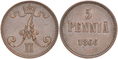 Россия для Финляндии 5 пенни 1866 Александр II (1855-1881) Биткин 658 медь 1519-1144
