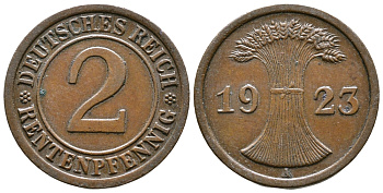 ГЕРМАНИЯ 2 РЕНТЕНПФЕННИГА 1923 A KM 31, J. 307 бронза 71-1562