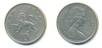 Великобритания 10 пенсов 1973 Елизавета II (1952-2022) KM 912, Spink 4231 (F1) медно-никель  59-443