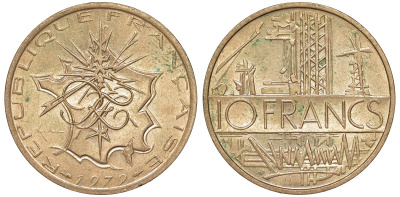 Франция 10 франков 1979 тип Матье KM 940, Le Franc 365.13-14 никель латунь 51-4045