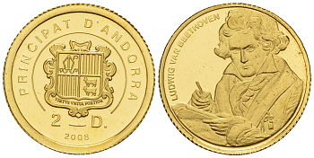 Андорра 2 динера 2008 Людвиг ван Бетховен KM 269 золото PROOF 00-801-16