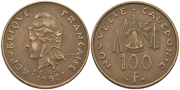 Французская Новая Каледония 100 франков 1998 хижина среди сосен и пальм, (IEOM) KM 15, Schoen 16, Lec 139b никель бронза 4680-1031
