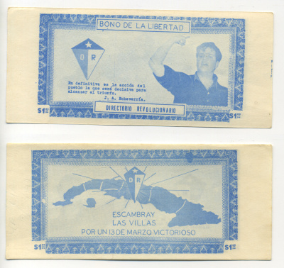 Куба, провинция Сьенфуэгос 1 песо 1957 коммунистическое восстание студентов, 13 марта, J.A. ECHEVERRIA, синяя бумага аUNC 8614-36-3-2