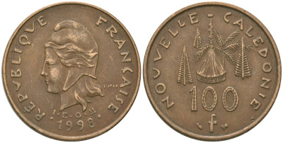 Французская Новая Каледония 100 франков 1998 хижина среди сосен и пальм, (IEOM) KM 15, Schoen 16, Lec 139b никель бронза 4680-1031