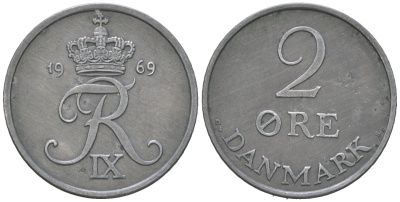 Дания 2 эре 1969 C; S, Фредерик IX (1947-1972) KM 840 цинк aUNC 213-544