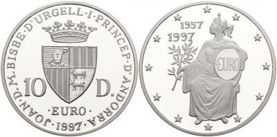Андорра 10 динеров 1997 40 лет Римскому договору KM 130 серебро PROOF 11-039-21