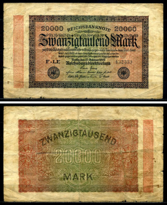 Германия 20000 марок 1923 20 февраля 1923, водяной знак "Е", в звёздах G/D, серия LE Pick 85b, Розенберг 84е бумага 2192-15-2-2