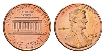 США 1 цент 1996 D, Линкольн KM 201b цинк плакированная бронзой UNC 99-357