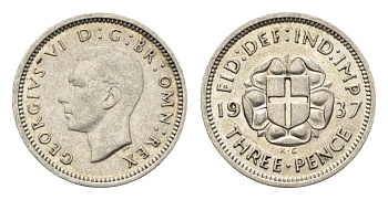 Великобритания 3 пенса 1937 Георг VI (1936-1952) KM 848, Spink 4085 серебро 4690-762