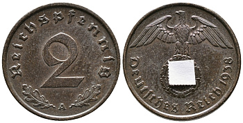 ГЕРМАНИЯ 2 РЕЙХСПФЕННИГА 1938 A KM 90, J. 362 бронза 24-811