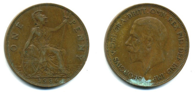 Великобритания 1 пенни 1936 Георг V (1910-1936) KM 838, Spink 4055 бронза 41-1246