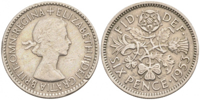 Великобритания 6 пенсов 1953 Елизавета II (1952-2022) KM 889, Spink 4141 медно-никель 4549-429