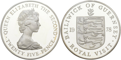 Гернси 25 пенсов 1978 Королевский визит, в оригинальной коробке KM 32a серебро PROOF 3-4-4-17