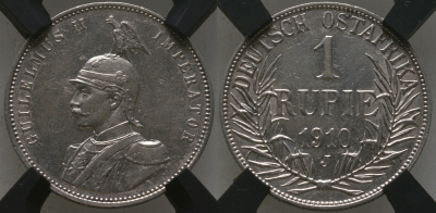 Немецкая Восточная Африка (Танзания) 1 рупия 1910 J, Ost-Africa, Вильгельм II (1888-1918), в слабе RNGA AU DETAILS Jaeger 722, KM 10 серебро    15-011-04