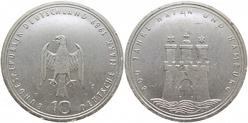 ФРГ 10 марок 1989 J, 800 лет порту Гамбурга J. 448, KM 171 серебро 109-732