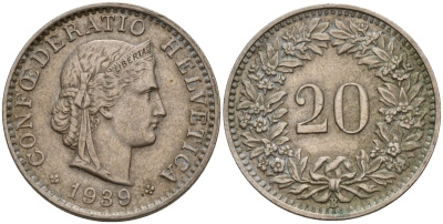 Швейцария 20 раппенов 1939 B KM 29a медно-никель 4187-755