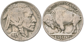 США 5 центов 1937 D, индеец, бизон KM 134 медно-никель 4602-731