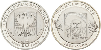 ФРГ 10 евро 2007 D, 175 лет со дня рождения Вильгельма Буша KM 265, DE.S. 10.31 серебро PROOF 1076-3-71
