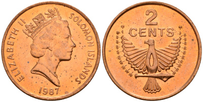 Соломоновы Острова 2 цента 1987 Елизавета II (1953-) KM 25 сталь плакированная бронзой aUNC 4566-451