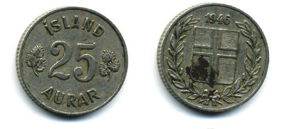 Исландия 25 эйре 1946 KM 11 медно-никель 46-2423