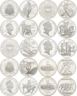 Австралия, Греция, Австрия, Франция, Канада набор из 10 монет 1996 100 лет Олимпийскому комитету (1896-1996), в оригинальной коробке с сертификатами KM 218, 219, 3026, 3027, 215, 216, 1047, 1048, 165, 166 серебро PROOF 14-01-03-26
