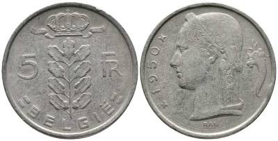 БЕЛЬГИЯ 5 ФРАНКОВ 1950 BELGIE KM 135.1 медно-никель 24-1244