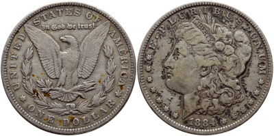 США 1 доллар 1884 Морган доллар KM 110 серебро 1515-1812