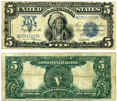 США 5 долларов 1899 серебряный сертификат, вождь, подписи SPEELMAN & WHITE Pick 340 (11)  бумага   451-109-1