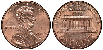 США 1 цент 2001 D, Линкольн KM 201b цинк плакированный медью 4122-233