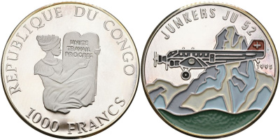 Конго 1000 франков 1995 швейцарские авиалинии, юнкерс, Unkers JU 52, цветная эмаль, тираж 15000 экз. KM 24 серебро PROOF 04-138-31